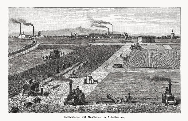 《过去用机器耕种田地》木刻，1894年图片下载