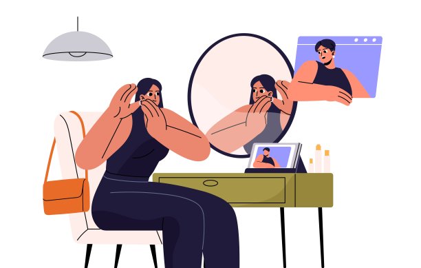 最好的朋友通过视频会议，在线通话来交谈。女孩们通过视频电话八卦。年轻女子戴上首饰，照镜子。远程会话。平面隔离矢量插图上的白色图片下载