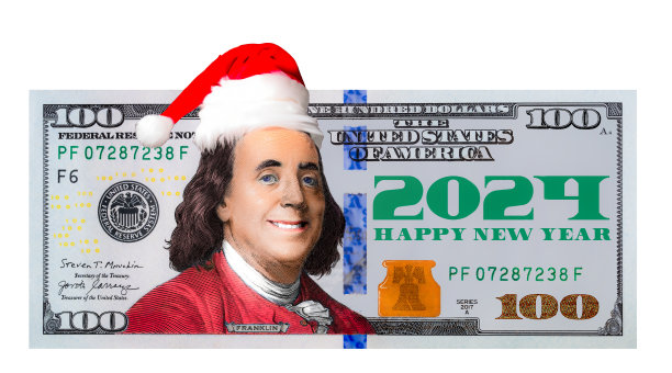 本杰明·富兰克林的100美元钞票上的圣诞老人帽子，上面刻有2024年新年的字样图片下载
