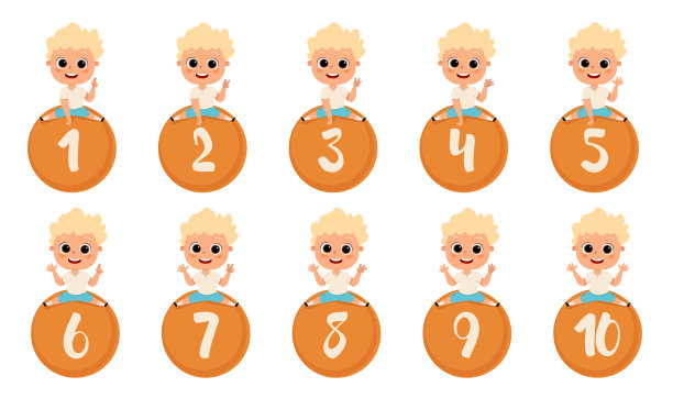 手指计数。快乐的孩子们，男孩们坐在与数字平面矢量插图隔离在白色背景上的球上。有1 2 3 4 5 6 7 8 9 10数字的卡通孩子。小学数学图片下载