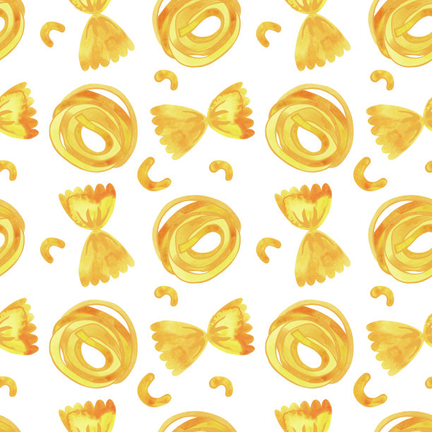 无缝图案与意大利面食的设计菜单，包装纸，面食包装，纺织品在咖啡馆或餐馆，窗帘，桌布，沙发内饰。白色背景水彩插图。图片下载