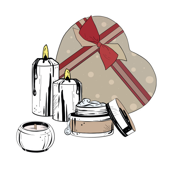 矢量插图集心形点缀米色盒子蜡烛和奶油在容器与打开的盖子。为母亲节新年生日准备的图片图片下载