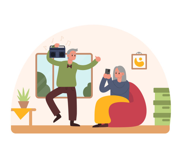 快乐的女士坐在扶手椅上，拍着男人拿着唱机跳舞的照片图片下载