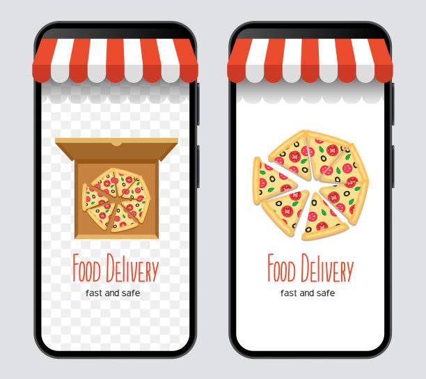 红色智能手机和外卖概念。一款带有红白遮阳篷的手机，屏幕上有一张披萨的图片。向量的剪纸艺术。图片下载