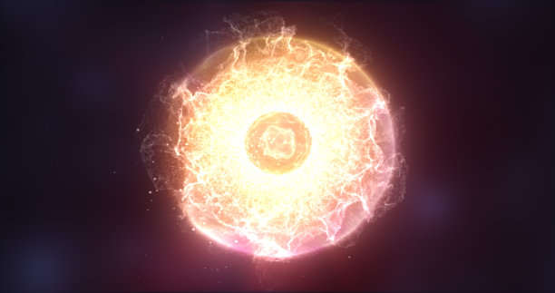 抽象的球体原子带有电子飞舞的发光的黄色明亮粒子和能量魔法场，科学未来的高科技背景图片下载