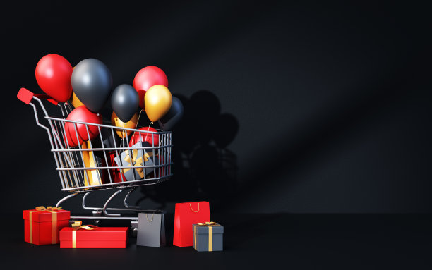 黑色星期五的礼物和气球在购物车概念股票照片图片下载