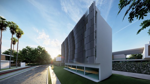 商业建筑，立面风格为3D家居模型，位于社区中心，紧邻主干道，室内装修风格现代。动态立面，铝立面，参数化。图片下载