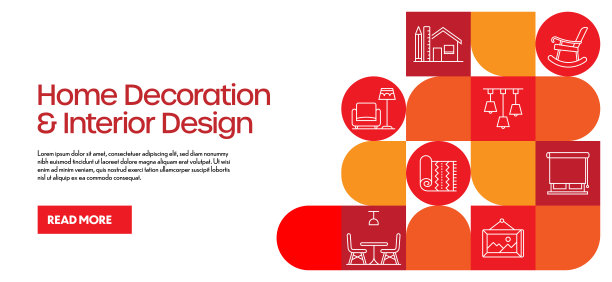与线条图标的家庭装饰和室内设计相关的横幅。简单轮廓符号图标。建筑师，家具，新潮，时尚图片下载