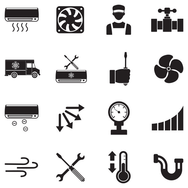 空调维护图标。黑色平面设计。矢量插图。图片下载