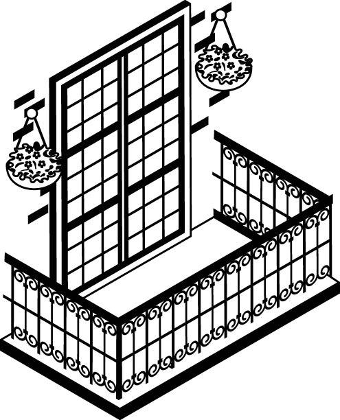 普罗旺斯阳台与花式金属烤架等长概念矢量设计，阳台窗口正面视图符号，房屋外观设计理念与现代复古和经典的阳台立面库存插图图片下载