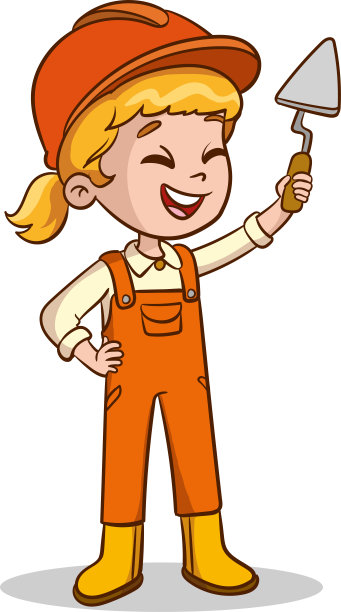 可爱的小女孩穿着建筑工作服的卡通插画图片下载