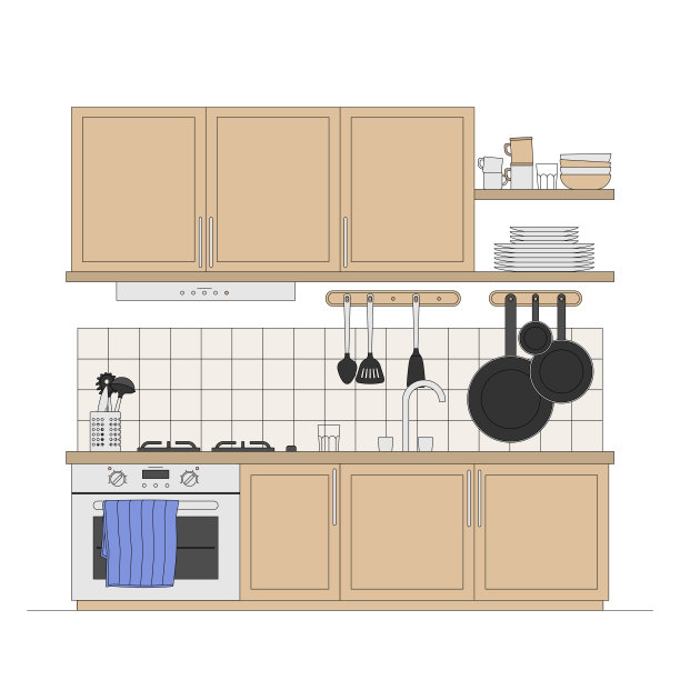 清洁厨房，使用银色烤箱，蓝色茶巾，木制厨房台面，炉子，瓷砖后挡板墙，水龙头，挂锅和厨房用具，橱柜，橱柜和装有盘子，盘子，碗，马克杯，杯子和玻璃杯的架子图片下载