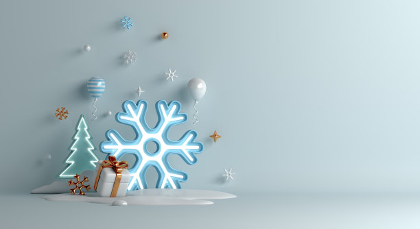 冬季装饰背景有霓虹雪花、气球、云杉、卡通风格的礼盒，3d渲染插画图片下载