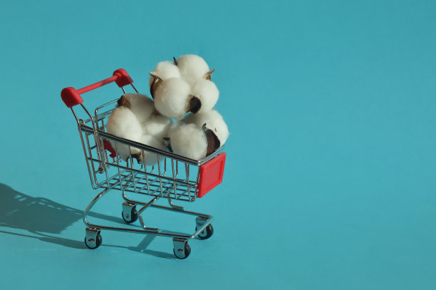 天然棉花在购物车里，棉毛出售。有用的材料。设计背景。图片下载