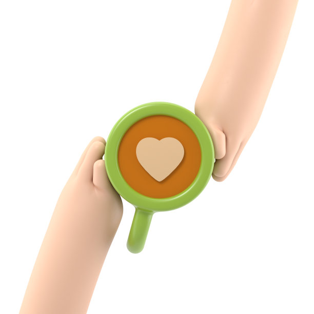 热恋中的男女手捧咖啡杯，上面有心形的巧克力标志。情人节快乐。贺卡模板。白色背景的3D渲染。图片下载