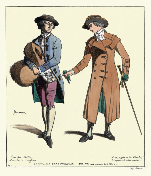 复古插图时装的18世纪法国，男子，时期的服装，法国大师。1778 - 79图片下载