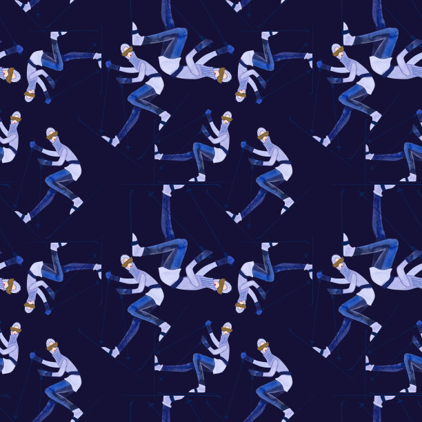 与滑雪者水彩无缝模式。冬天的纺织品。运动服装。滑雪胜地纪念品的包装纸。暗的背景图片下载