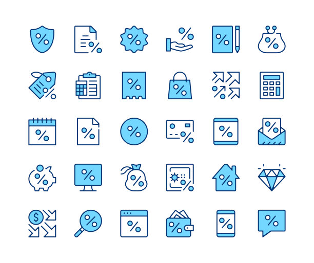 折扣图标集。矢量线图标。蓝色轮廓笔画符号。现代概念图片下载