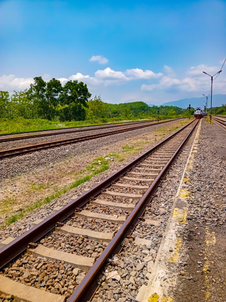 在乡村摄政区或非城市地区的火车轨道的垂直照片，绿色和新鲜的环境图片下载