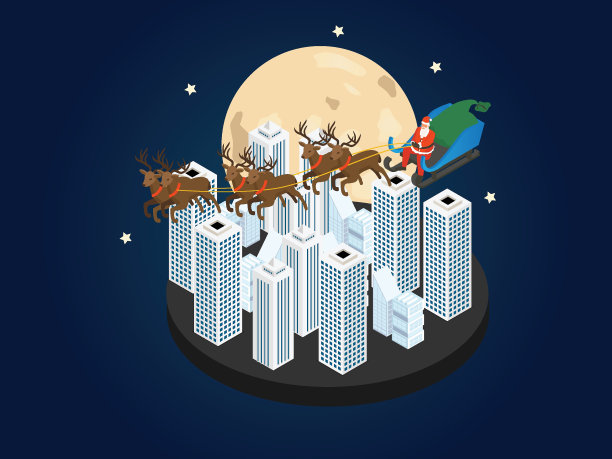 圣诞街景，圣诞老人坐在圣诞雪橇上，驯鹿在写字楼和公寓上空飞翔图片下载