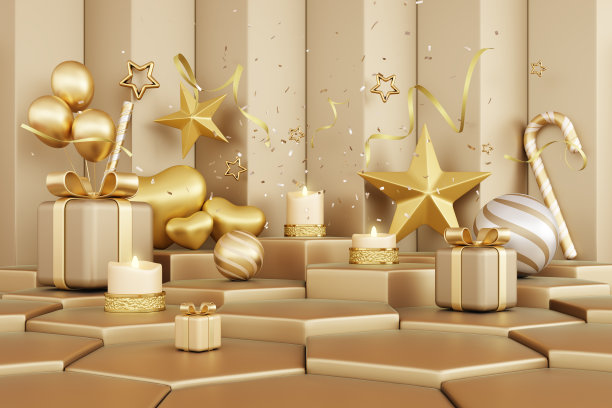金阶六边形豪华底座。讲台上展示气球、星星、礼盒、五彩纸屑、彩带、烛光等金色背景庆祝。生日晚会，圣诞节，新年节日送礼物。3 d演示。图片下载