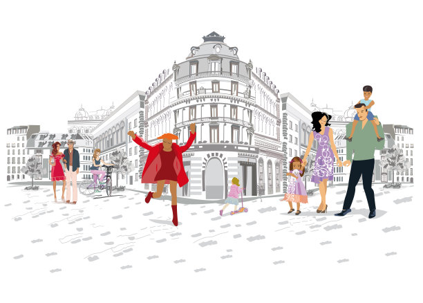 在老城的街道上，有时尚人士，有男有女。图片下载