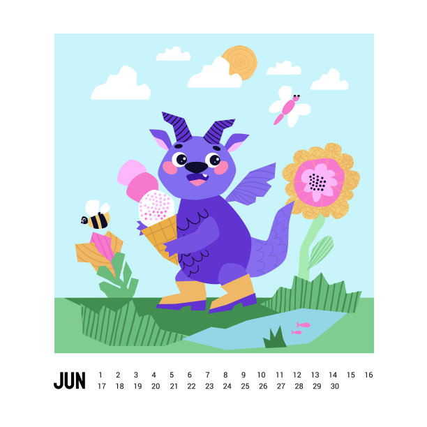 龙手里拿着冰淇淋。花和昆虫。龙日历。4月。春天的季节。祝大家2024年春节快乐。龙年。图片下载