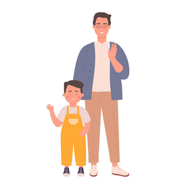 戴眼镜的年轻父亲和儿子站在一起，挥手致意图片下载