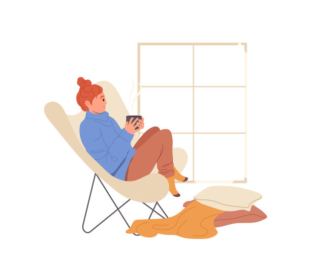 放松的年轻女性卡通人物坐在家里的椅子上喝热茶或咖啡图片下载