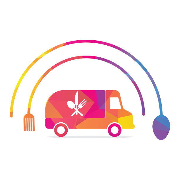 创意速度卡车叉子勺子刀标志设计矢量符号插图。图片下载