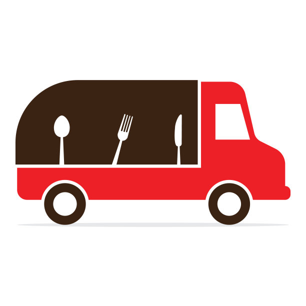 创意速度卡车叉子勺子刀标志设计矢量符号插图。图片下载