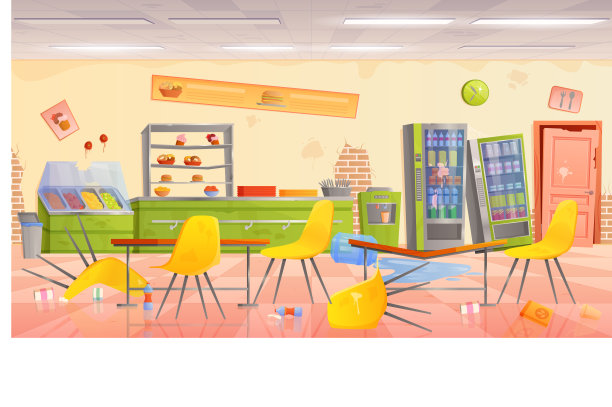 废弃的学校或大学食堂内部，家具破损，肮脏，混乱图片下载