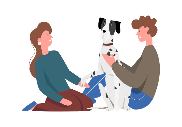 一对夫妇带着快乐的狗坐在地板上，女孩拿着小狗的爪子图片下载