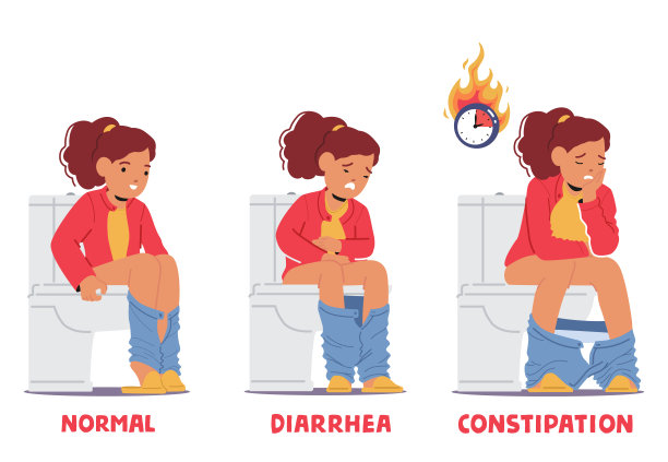 信息图表说明各种形式的粪便在儿童，从健康到腹泻和便秘，小女孩的粪便图片下载