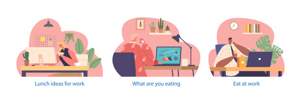孤立的元素与办公室工作人员的角色匆忙咀嚼三明治和汉堡在他们杂乱的办公桌图片下载
