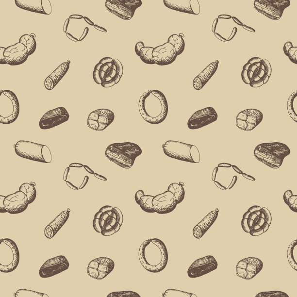香肠无缝图案手绘矢量插图。复古重复背景雕刻熏肉制品，培根，香肠，熏牛肉，意大利腊肠。正餐、美味小吃、屠宰产品图片下载
