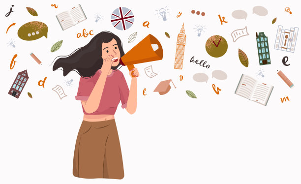 学习英语的概念，矢量平面插图。年轻女子宣布扩音器。在线学习，远程外语教育，通过互联网与外国人交流图片下载