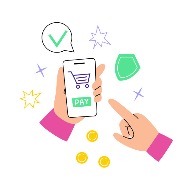网上支付构图，网上购物矢量插画，人手智能手机屏幕支付按钮，网上购物手机银行app图片下载