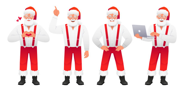 圣诞老人戴着红帽子，穿着白衬衫和带背带的裤子。白发苍苍的圣诞老人拿着一台笔记本电脑站在那里，手指着什么东西，不满意地把手放在身体两侧，沉浸在爱中。图片下载
