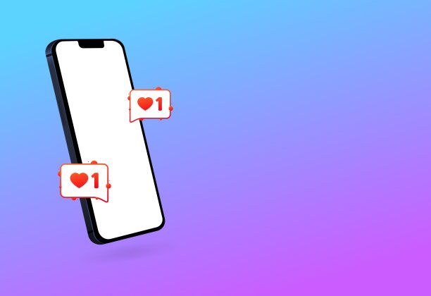 带有类似图标的手机模型。平面，彩色，手机屏幕模型，心形信息泡泡，社交媒体。矢量图图片下载