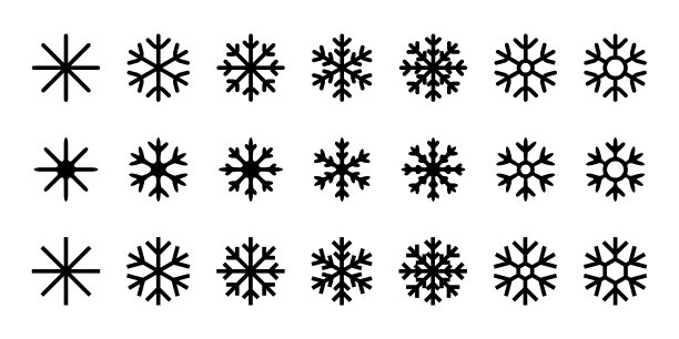 简单的黑色雪花圆形或有棱角的形状。矢量插图黑色和白色图标集的材料图片下载