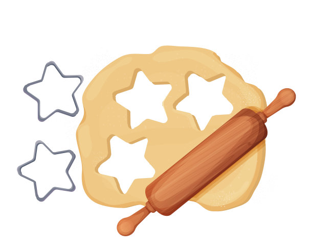面团与擀面杖饼干切割机星星形状的顶部视图卡通风格孤立的白色背景。准备,烹饪。矢量图图片下载