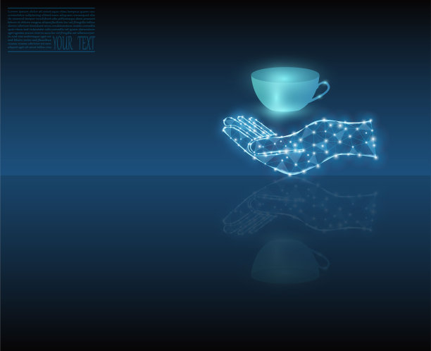 矢量插图的杯子上的水与镜子反射在霓虹灯的手。图片下载