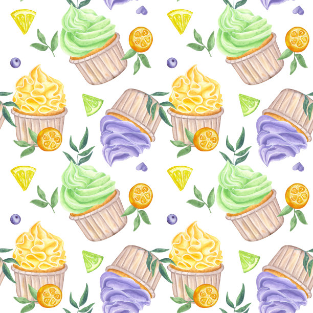 无缝图案纸杯蛋糕松饼多色甜鲜奶油。柠檬，酸橙，金桔，蓝莓，叶子。手绘水彩插图孤立的白色背景。彩虹系列图片下载