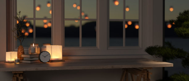 一张靠窗的木桌，桌子上有一个复印空间，这是一间夜晚的现代黑屋子。图片下载