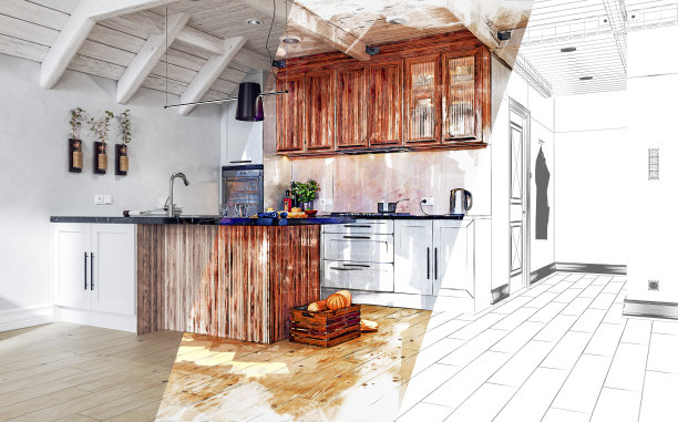 3个版本的照片:渲染图，带有标记效果的草图，铅笔草图(建筑师的平面图)，从中心淡出:复古的白色和硬木厨房，矩形黑色大理石早餐厨房岛和走廊的窥视图片下载