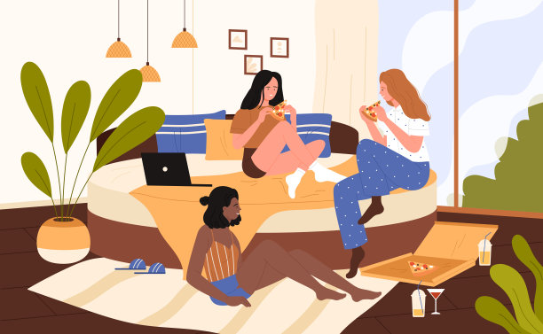 女孩们在家吃披萨，睡衣派对，和形形色色的闺蜜聚餐图片下载