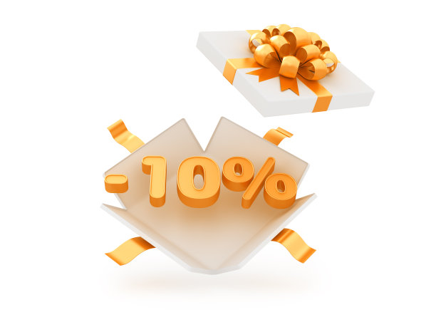 打开礼盒与金色文字-10%的白色背景。黑色星期五和其他季节性销售的广告横幅。图片下载