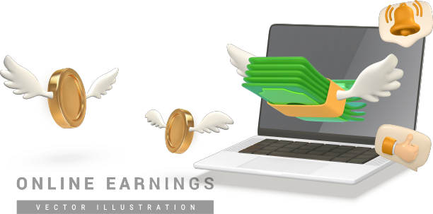 3d笔记本电脑与飞行绿色美元堆栈和黄金图片下载