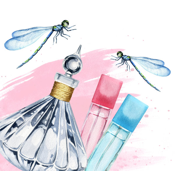 水彩复古香水玻璃瓶与粉红色水彩飞溅和喷雾与蜻蜓飞行，手绘插图透明香水瓶图片下载